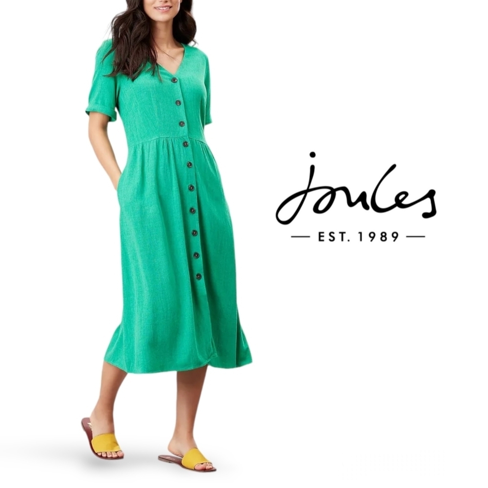 Joules Vibrant Green Button-Down Midi Dress